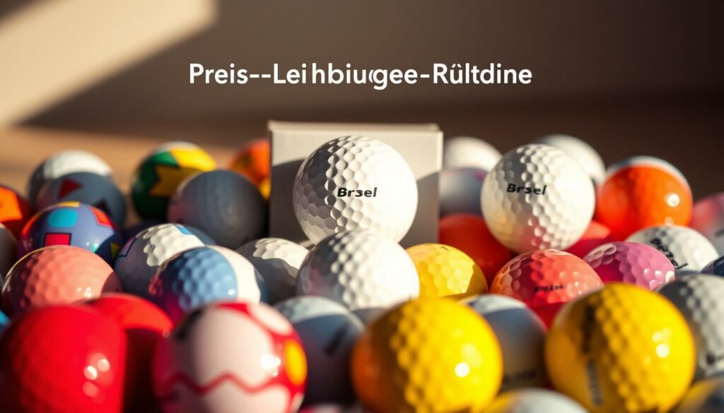 A collection of budget-friendly golf balls arranged in a visually striking display. In the foreground, a vibrant assortment of balls in various colors and patterns, showcasing their affordability and diversity. The middle ground features a sleek, minimalist product shot, emphasizing the quality and performance of these value-oriented options. The background is softly blurred, allowing the balls to take center stage and communicate the "Preis-Leistungs-Verhältnis" (price-performance ratio) concept. Warm, natural lighting casts subtle shadows, adding depth and dimension to the scene. The overall mood is one of accessibility, practicality, and the ability to enjoy the game of golf without breaking the bank.