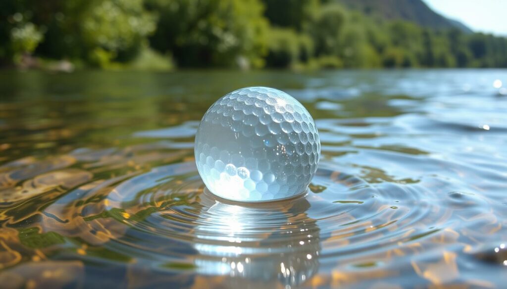 A crystal-clear golf ball gently floating in a serene flowing river, the water's surface rippling with a soft, mesmerizing motion. Sunlight filters through the translucent sphere, creating a captivating interplay of light and refraction. The ball's surface is unblemished, highlighting its perfect spherical form. The river's banks are lined with lush, verdant foliage, creating a picturesque natural setting. The overall scene conveys a sense of tranquility and wonder, inviting the viewer to ponder the unique behavior of a golf ball submerged in moving water.