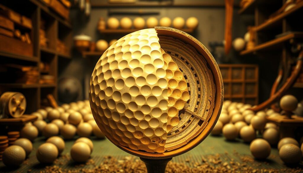A detailed cross-section of a vintage golf ball, showcasing its historical evolution. The foreground depicts the ball's multilayered internal structure, with the core, mantle, and cover visible in precise detail, rendered in a warm, sepia-toned palette that evokes a nostalgic, aged aesthetic. The middle ground features a collection of golf balls from different eras, arranged artfully to highlight the progression of design and materials. The background depicts a dimly lit, antique workshop setting, with wooden shelves, tools, and a sense of timeless craftsmanship, creating a contemplative, almost reverent atmosphere around the subject matter.