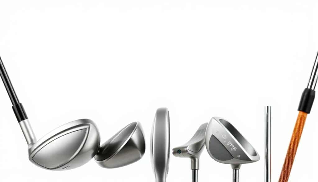 A detailed image of golf club components arranged against a clean, light background. The foreground showcases a driver, iron, and putter club heads, each with a distinct shape and design. The middle ground features the shafts, highlighting their material, flex, and grip. The background subtly depicts the club grips in various colors and textures. The lighting is soft and diffused, emphasizing the form and details of the components. The composition is balanced, allowing each element to be clearly visible for an educational study of golf club anatomy.