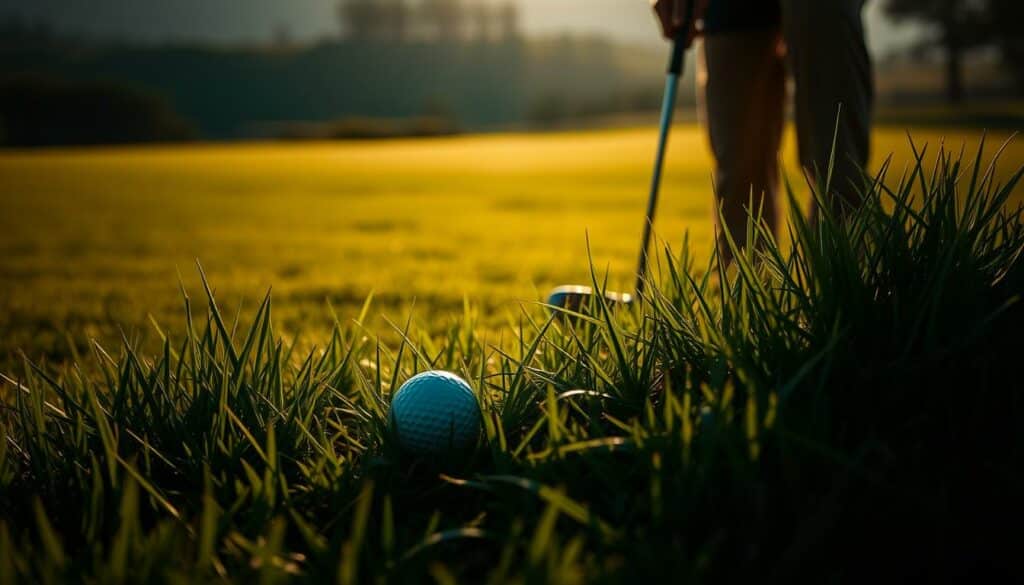 A dimly lit golf course, the lush green fairway giving way to a thick, unruly rough. In the foreground, a golf ball rests precariously amidst the tall, tangled grass, its journey disrupted by the Schlagfehler Rough. The scene is bathed in a warm, golden light, casting long shadows across the undulating terrain. The middle ground reveals a golfer, their expression a mix of frustration and determination, as they carefully assess their approach, their club poised to strike the errant ball. The background fades into a hazy, out-of-focus landscape, the focus solely on the challenges of this challenging lie. The mood is one of tension and uncertainty, as the golfer navigates the unpredictable and unforgiving Rough.