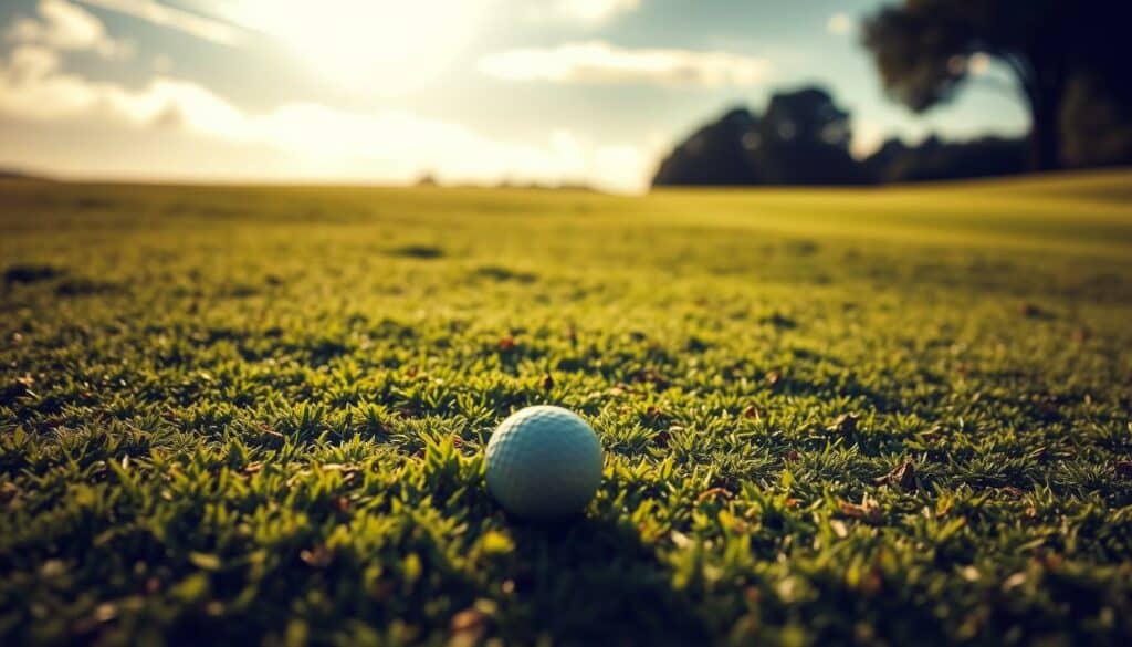 A gently sloping green fairway, the undulating surface captured from a low angle. Sunlight filters through wispy clouds, casting a warm, natural glow across the scene. In the foreground, a golf ball rests on the uneven terrain, its dimpled surface reflecting the changing light. The middle ground reveals the subtle contours of the grass, inviting the viewer to imagine the challenges of navigating these putting conditions. The background fades into a softly blurred horizon, emphasizing the tranquil setting. The image evokes a sense of focus, strategy, and the nuanced skill required to putt successfully on sloping, irregular greens.