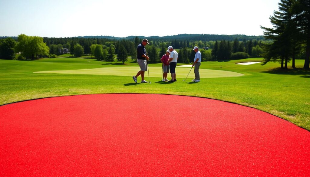 A golf course on a sunny day, with a red penalty area in the foreground. In the middle ground, several golfers are examining various relief options, such as dropping the ball or taking a free drop. The background features lush green fairways, bunkers, and distant trees. The scene is captured with a wide-angle lens, offering a comprehensive view of the golfing environment. The lighting is natural and diffused, creating a warm, inviting atmosphere that enhances the details of the golf course features and the golfers' actions. The overall composition draws the viewer's attention to the different relief options available within the penalty area.