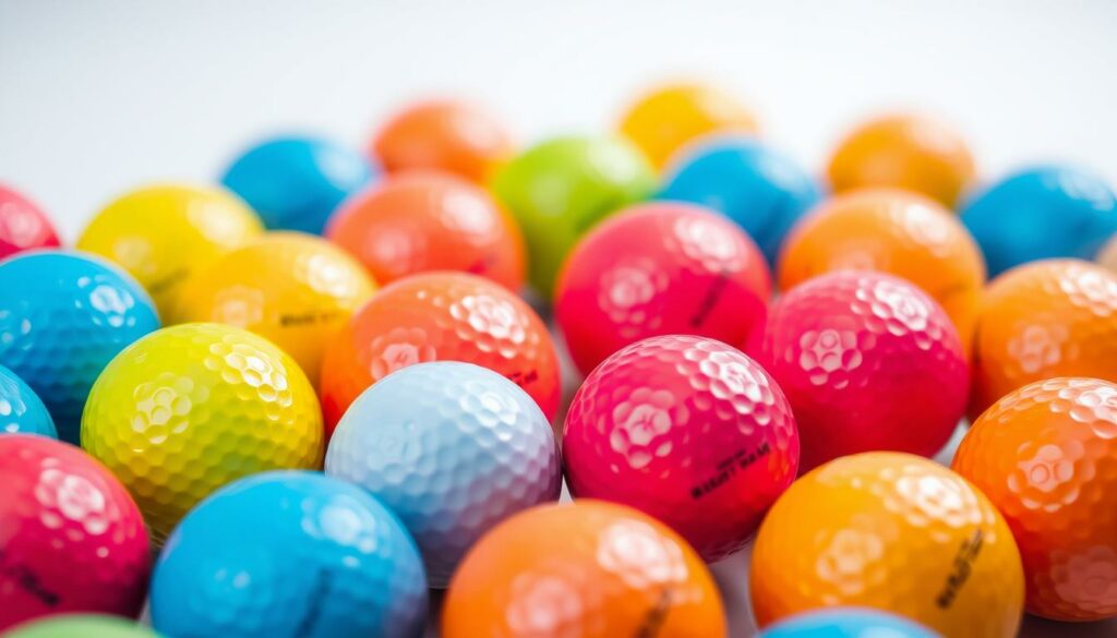 A group of brightly colored golf balls, clearly visible against a neutral background. The balls are arranged in a visually appealing composition, with different hues of red, blue, yellow, and green creating a vibrant and eye-catching display. The lighting is soft and diffuse, illuminating the spherical shapes and highlighting the detailed texture of the golf ball surfaces. The camera angle is slightly elevated, providing a clear and unobstructed view of the subject. The overall mood is one of clarity, simplicity, and emphasis on the distinct visual properties of the golf balls.