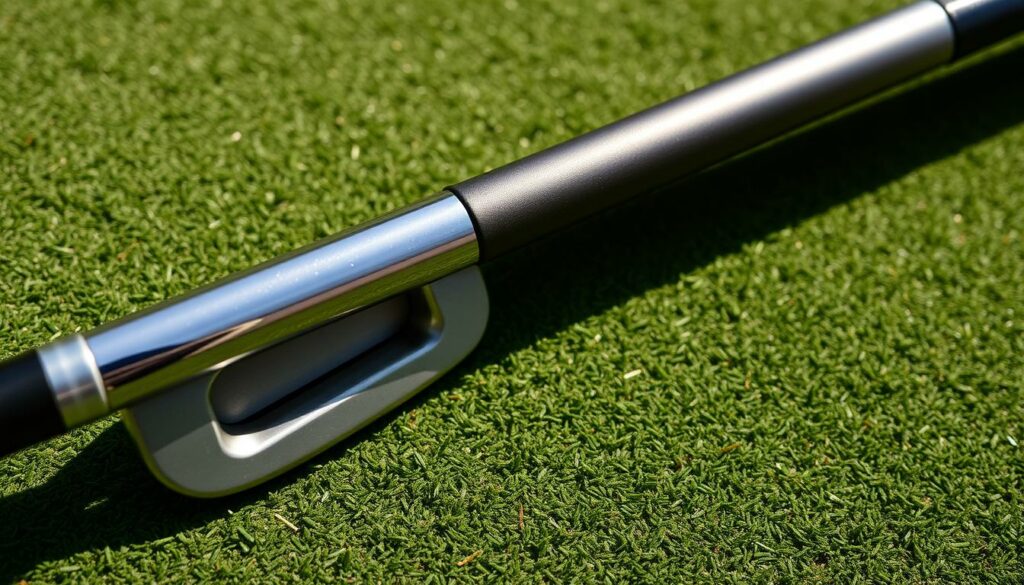 A high-angle shot of two golf club shafts - one steel, one graphite - resting on a green surface. The steel shaft gleams with a metallic luster, while the graphite shaft has a matte, subtle sheen. The blades of the irons are visible, showcasing their distinct designs. Warm, natural lighting casts subtle shadows, emphasizing the textures and materials. The background is slightly blurred, keeping the focus on the contrasting shafts. The overall tone is one of technical precision and thoughtful comparison, capturing the key differences between these two common golf club components.