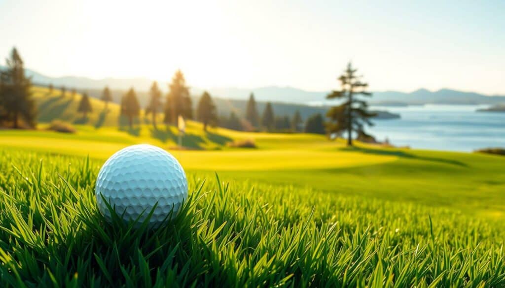 A high-quality digital illustration depicting the key golfing terms "Par", "Birdie", "Eagle", and "Albatross" against a serene, sun-dappled golf course backdrop. The foreground features a close-up of a golf ball nestled in lush, verdant grass, with crisp, well-defined textures. The midground showcases a fairway winding through rolling hills, dotted with elegant pine trees and punctuated by a lone flagstick. The background depicts a picturesque horizon with a tranquil lake reflecting the warm, golden hues of the afternoon sky. Soft, diffused lighting casts natural shadows and highlights, creating a sense of depth and atmosphere. The overall aesthetic is clean, elegant, and visually striking, perfectly suited to illustrate the differences between these important golfing concepts.