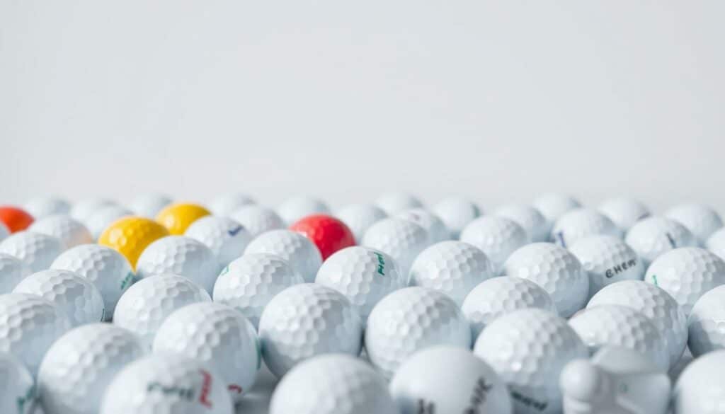 A neatly arranged selection of high-quality golf balls in a softly lit, minimalist setting. The foreground features an array of various models and colors of balls, each one gleaming with a polished, pristine surface. The middle ground shows a simple, clean background, perhaps a plain white or light gray, allowing the golf balls to be the sole focus. The lighting is soft and gentle, creating a sense of tranquility and highlighting the textures and details of the balls. The overall composition is balanced and visually appealing, showcasing the "Beste Ball Auswahl" in an elegant and professional manner.