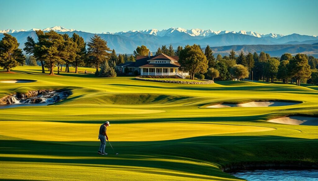 A picturesque golf course with rolling hills, lush greens, and cascading waterfalls. In the foreground, a golfer stands over their ball, club in hand, amid neatly trimmed fairways and pristine sand traps. The middle ground features a stately clubhouse with a wraparound porch, surrounded by mature trees casting soft shadows. In the background, the horizon is dotted with distant mountains, their peaks capped with snow and bathed in warm, golden light. The scene is infused with a sense of tranquility and exclusivity, inviting the viewer to imagine the additional fees required to access this exclusive golfing haven.