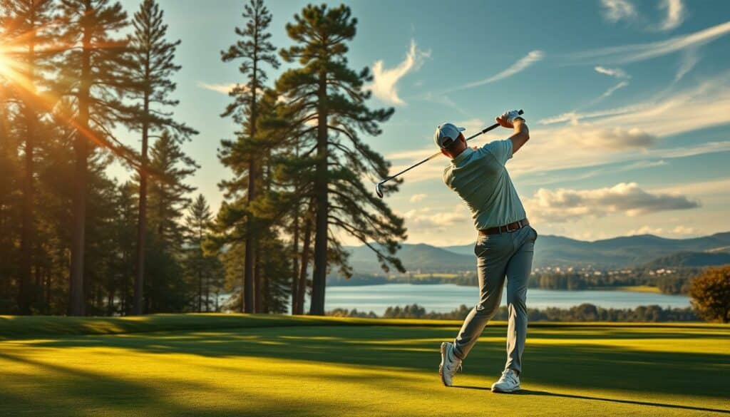 A professional golfer with exquisite technique and a negative handicap, standing on a lush, manicured golf course. Sunlight filters through wispy clouds, casting a warm, golden glow that accentuates his effortless swing and precise movements. His expression is focused, determined, as he lines up his shot, the clubhead poised to strike the ball with power and precision. The background features towering pines, a serene lake, and distant rolling hills, creating a picturesque and tranquil setting that elevates the scene. The image conveys a sense of mastery, excellence, and the profound skill required to achieve a negative handicap in the sport of golf.
