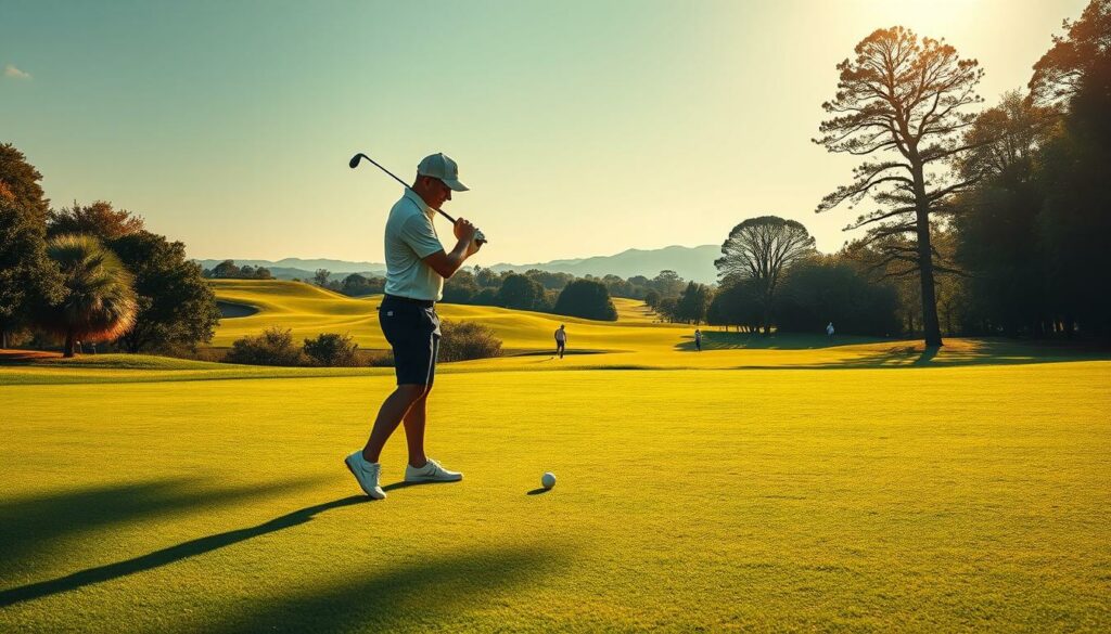 A serene golf course nestled amidst lush, verdant fairways. The sun casts a warm, golden glow across the well-manicured greens, creating long, soft shadows. In the foreground, a golfer with a slight build and a determined expression stands over a golf ball, carefully lining up their shot. The golfer's stance is relaxed yet precise, their swing fluid and graceful. In the middle ground, other players can be seen navigating the course, their focus unwavering. In the distance, rolling hills and mature trees frame the scene, adding depth and a sense of tranquility. The overall atmosphere conveys the joy and challenge of the game, perfectly capturing the essence of the "best handicap in golf".