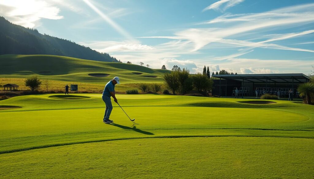 A serene golf course nestled in the rolling hills, with lush green fairways and manicured putting greens. In the foreground, a determined golfer addresses the ball, their stance and swing mechanics honed to perfection. Sunlight filters through wispy clouds, casting a warm glow over the scene. In the background, a practice range with golfers diligently working on their technique, visualizing the perfect shot. The atmosphere exudes a sense of focus, dedication, and the journey towards mastering the game of golf.