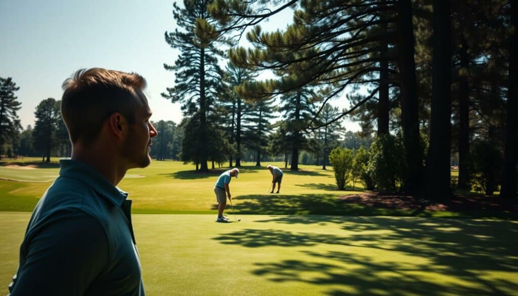 A serene, sun-dappled golf course with lush fairways and well-manicured greens. In the foreground, a golfer in focus, deep in thought, visualizing the perfect swing, their face a study in intense concentration. The middle ground reveals a putting green, where another player carefully adjusts their stance, their movement fluid and deliberate. In the background, towering pines frame the scene, their branches casting dappled shadows across the landscape. The overall atmosphere exudes a sense of tranquility and mental focus, capturing the essence of "Mentaltraining im Golf".