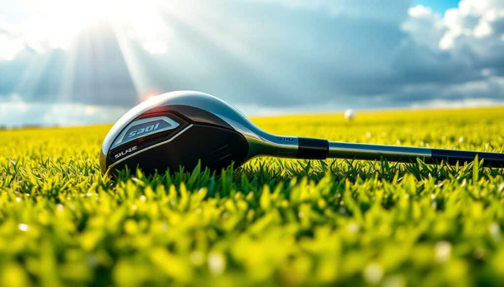 A sleek, high-performance golf driver resting on a plush, emerald-green fairway. Sunlight streams through clouds, casting a warm, golden glow over the club's metallic body and the perfectly manicured grass. The driver's aerodynamic design and bold, striking colors suggest power and precision, hinting at the long, powerful shots a skilled longhitter could achieve with this equipment. The scene conveys a sense of anticipation and excitement, as if the viewer is about to witness an impressive display of the golfer's strength and skill.