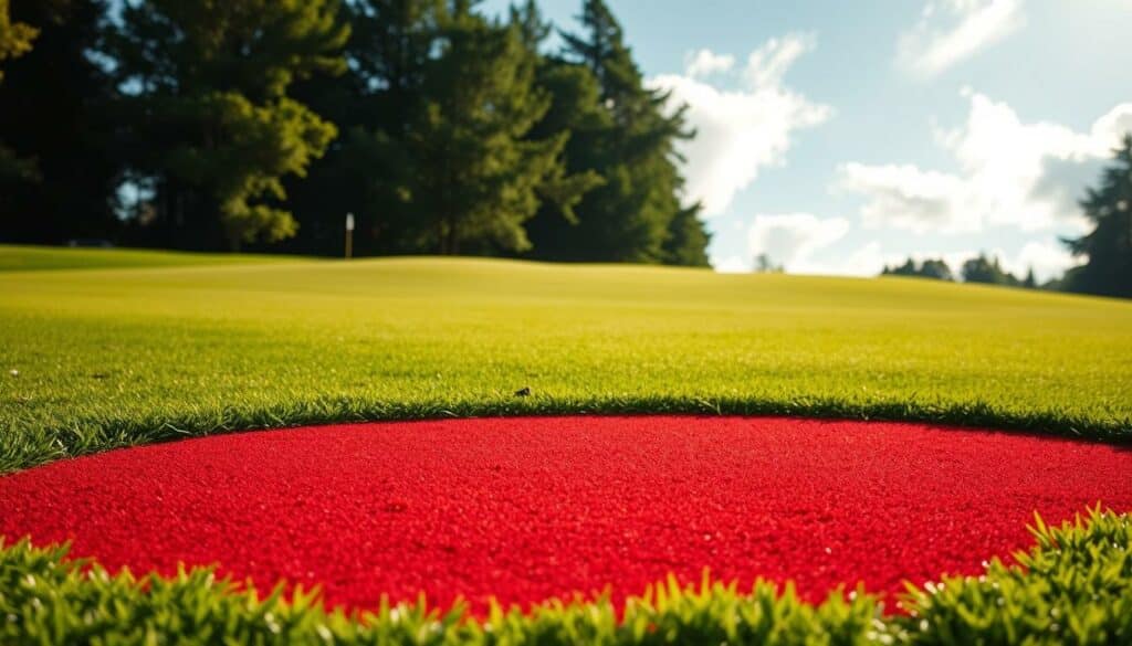A sun-dappled golf course with two distinct penalty areas in the foreground. The red penalty area has a deep, rich crimson hue, while the yellow penalty area appears more vibrant and luminous. The lush, verdant grass of the fairway and surrounding rough creates a vivid contrast. Subtle shadows and highlights define the contours of the terrain, giving depth and dimension to the scene. The lighting is natural, with a warm, golden glow filtering through wispy clouds. The perspective is slightly elevated, allowing the viewer to take in the full breadth of the penalty areas and their subtle differences. An inviting and immersive golfing landscape that highlights the distinct visual characteristics of the red and yellow penalty zones.