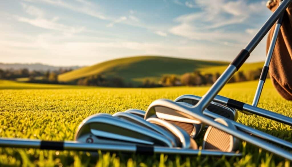 A well-crafted set of golf clubs resting on a pristine fairway, illuminated by warm, natural lighting that casts subtle shadows. The foreground features a selection of high-quality, precisely designed iron and wood clubs, each meticulously detailed with sleek, metal finishes and strategically placed grooves for optimal performance. The middle ground showcases a lush, verdant landscape, complete with perfectly manicured grass and a glimpse of a distant, rolling hill. In the background, a tranquil sky with wispy clouds creates a serene and inviting atmosphere, setting the stage for the golfer's journey to discover the perfect club for their game.