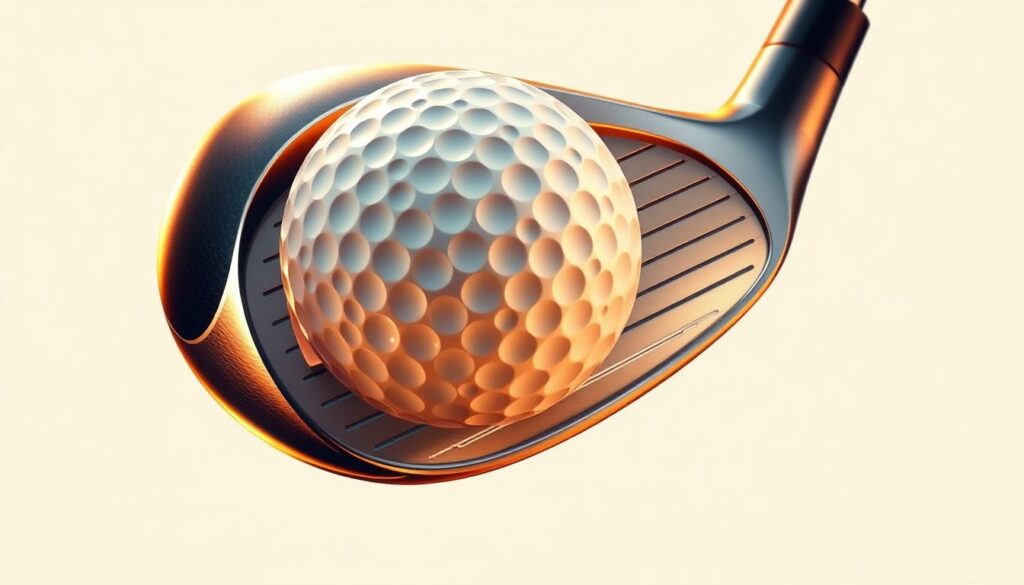 Detailed illustration of a golf club and ball in a dynamic, high-resolution composition. Foreground features a sleek, modern driver club with intricate textures and a vibrant metallic finish. The golf ball is positioned in mid-flight, captured in a dramatic, kinetic pose against a crisp, clean background. Subtle reflections and highlights convey a sense of movement and power. Soft, directional lighting from the side creates depth and emphasizes the sculptural form of the club. Warm, golden tones evoke a sense of energy and athleticism. The overall scene captures the thrill and precision of a record-breaking golf shot.