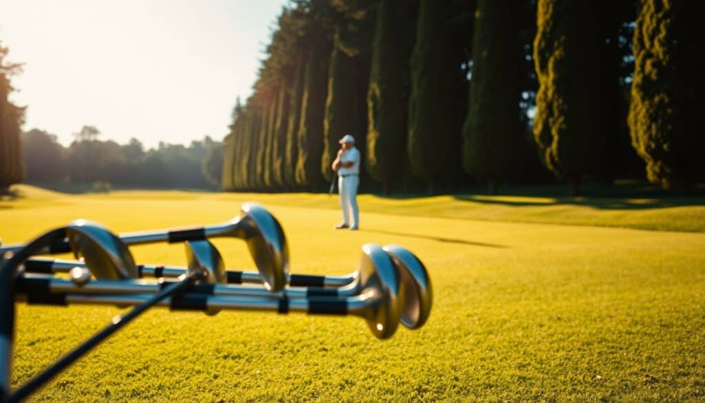 Detailed image of a golf fairway under bright, natural sunlight. In the foreground, several golf clubs are arranged neatly, showcasing high-quality craftsmanship and suggesting professional-level equipment. In the middle ground, a golfer in pristine golfing attire is shown intently studying the fairway, hand on chin, deep in thought. Behind the golfer, the lush, verdant fairway stretches out, framed by tall, manicured trees on either side, creating a sense of peaceful seclusion. The lighting is warm and golden, casting long shadows and highlighting the texture of the grass. The overall scene conveys a sense of focus, expertise, and the beauty of the golfing environment.