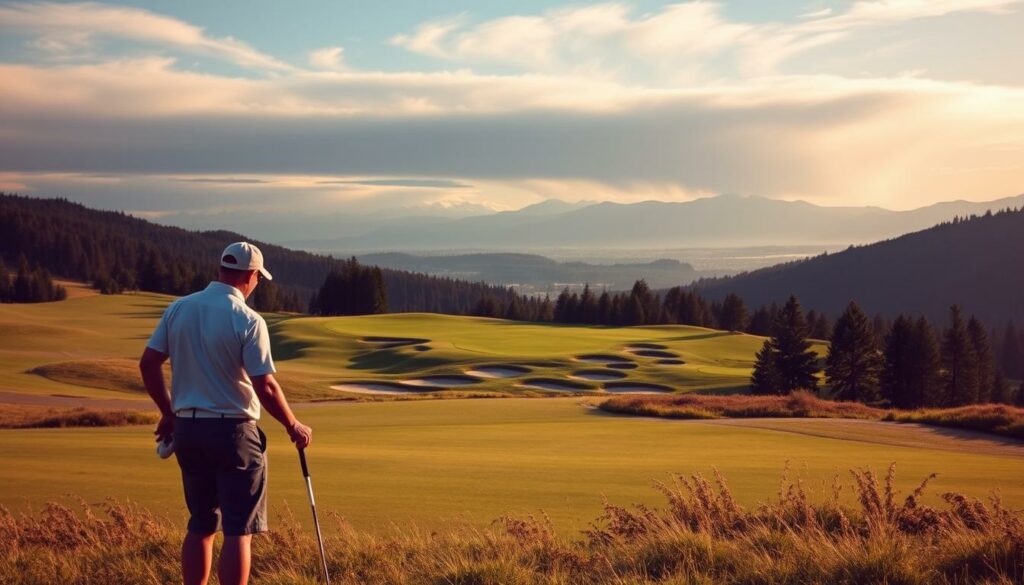 Scramble Golf: Tipps und Tricks A serene, lush golf course nestled in rolling hills. In the foreground, two golfers in casual attire strategize over their next shot, clubs in hand. The middle ground features a well-manicured fairway leading to a challenging green, dotted with sand traps and water hazards. Warm, golden sunlight filters through wispy clouds, casting a soft glow across the scene. The background showcases a picturesque panorama of distant mountains, their peaks capped with snow. An atmosphere of focus, camaraderie, and the thrill of the game permeates the image, inviting the viewer to imagine themselves on the course, discovering the tips and tricks of scramble golf.